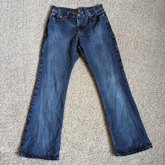 00s Y2K Vtg joujou 100% Cotton Denim Dark Wash Distressed Flared Jeans - Picture 1 of 6